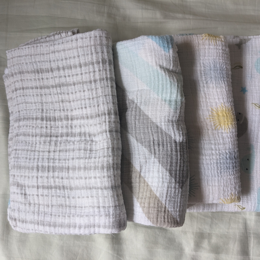 Soft Baby Muslin Blankets - Gray, Blue, Yellow